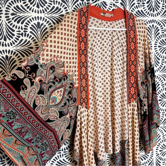 Flying Tomato Tops - Flying Tomato Embroidered Vibrant Bohemian Open Front Kimono